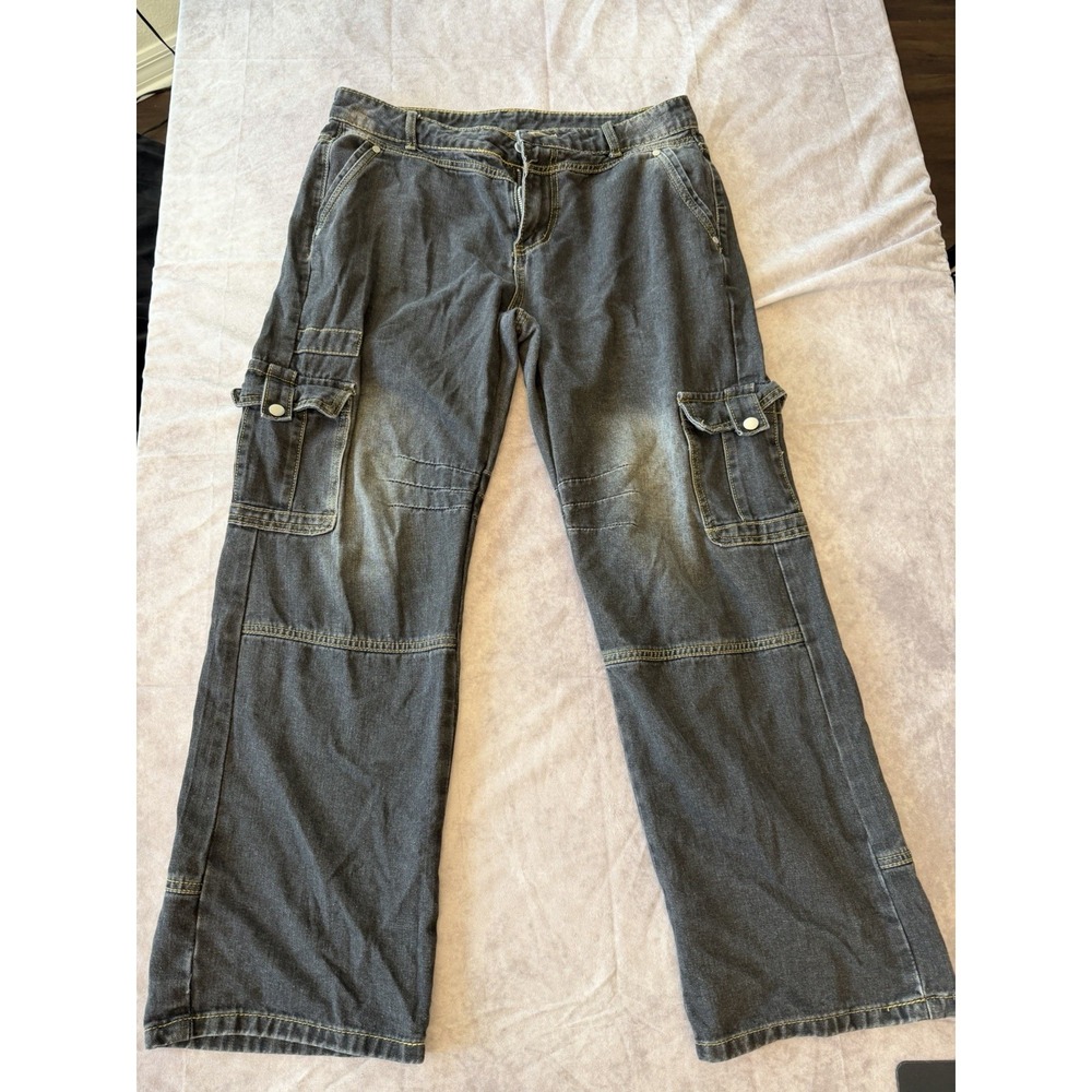 Womens Cargo Jeans Wide Leg Denim Pants Size Large Y2K Style